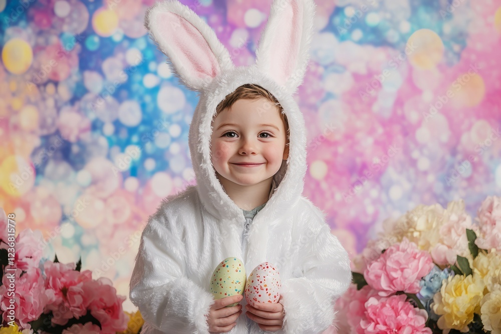 Fototapeta premium Adorable toddler wearing a bunny costume, holding decorated easter eggs and smiling, with a bokeh background