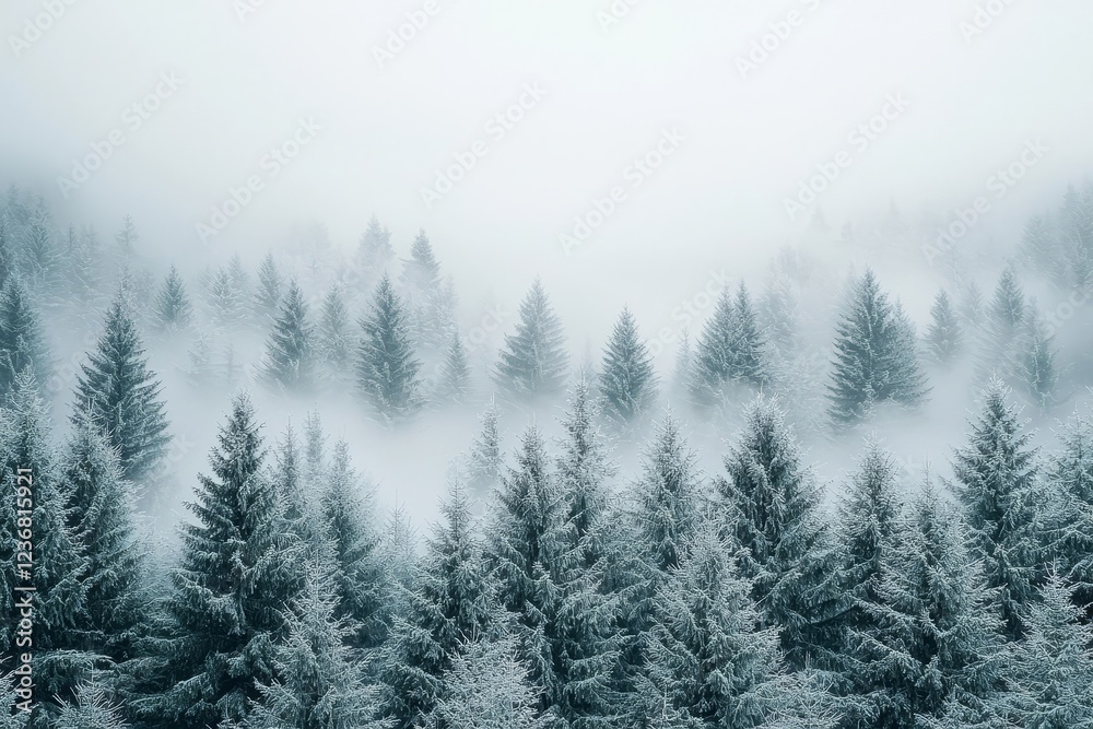 Obraz premium Snow Covered Evergreen Forest Shrouded in Misty Winter Landscape