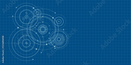 School education, study. Gears. Engineering industry. Technical drawing of gear .Technology background. Vector illustration.