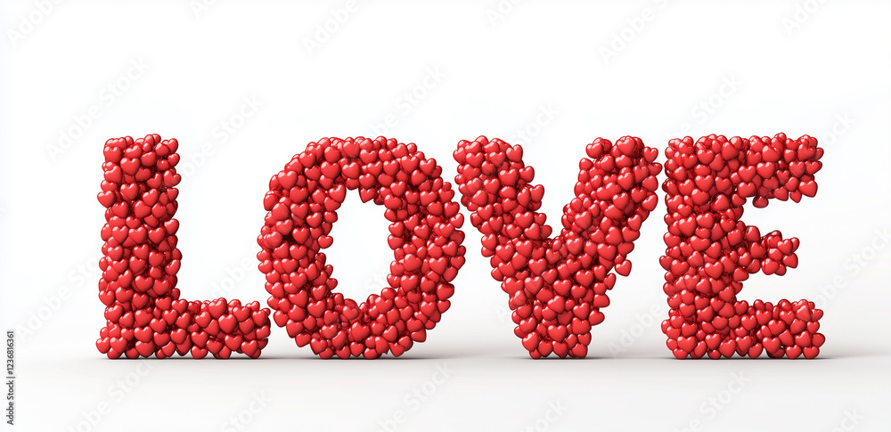 3D rendering of the word 'LOVE' in red made with colorful hearts, isolated on a white background.Minimal creative Valentine's holiday concept.Copy space,flat lay 3D rendering of the word 'LOVE' in red made with colorful hearts, isolated on a white background.Minimal creative Valentine's holiday concept.Copy space,flat lay