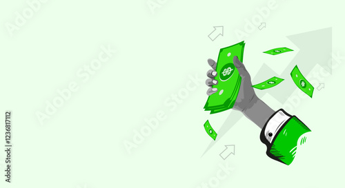 Financial Growth Hand Holding Cash, Upward Trend, Green Bills