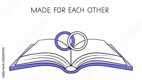Text "Made for each other".Vector flat line illustration, rings, book, wedding, love, marriage, romance, couple, together, forever.