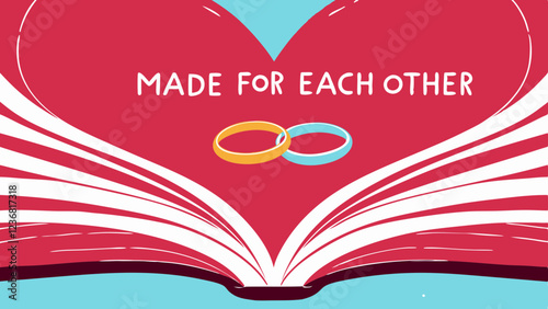 Text "Made for each other".Vector flat line illustration, rings, book, wedding, love, marriage, romance, couple, together, forever.