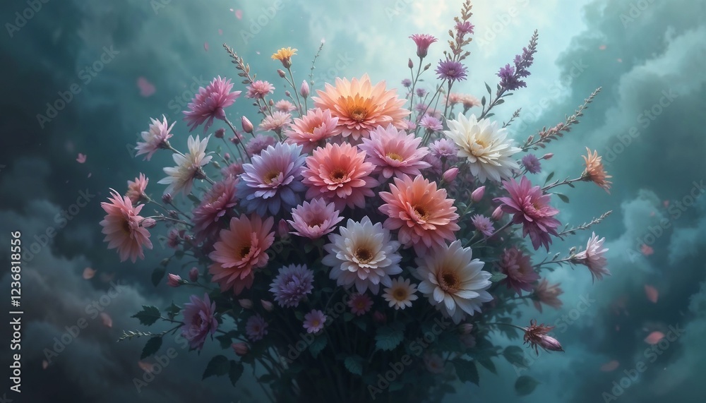 Obraz premium Fantasy-style flower arrangement in pastel colors with copy space