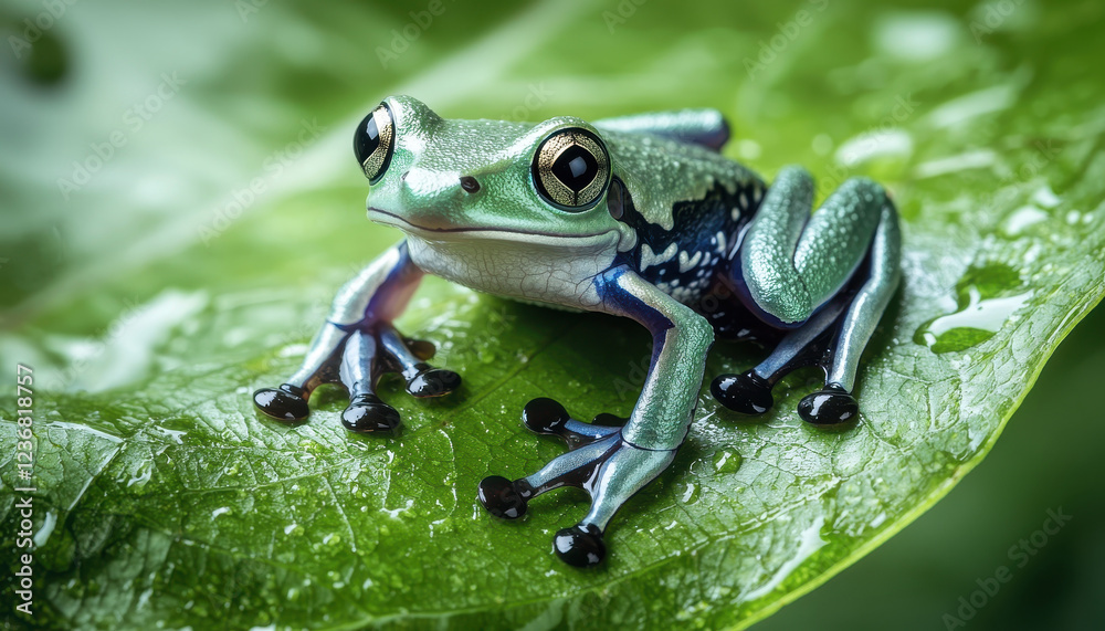 Fototapeta premium tiny frog resting on green leaf in rainforest, showcasing its vibrant colors and details