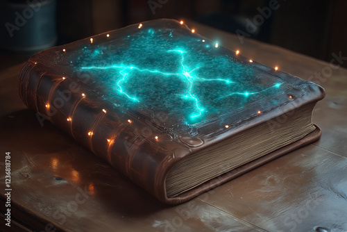 Mystical book with glowing patterns on the cover illuminated with sparkling lights for World Book Day
 photo