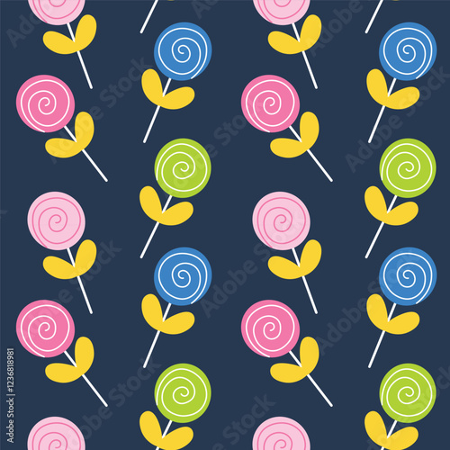 Colorful Lollipop Pattern With Yellow Leaves on a Dark Background