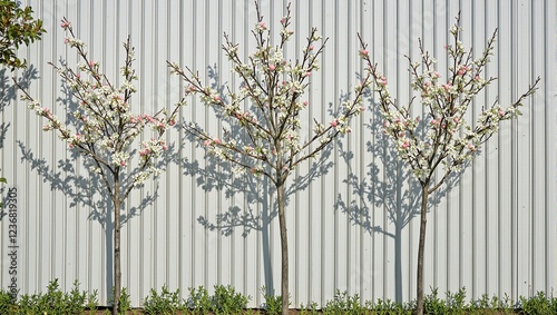 Metal wall with espaliered apple tree branches in full blossom photo