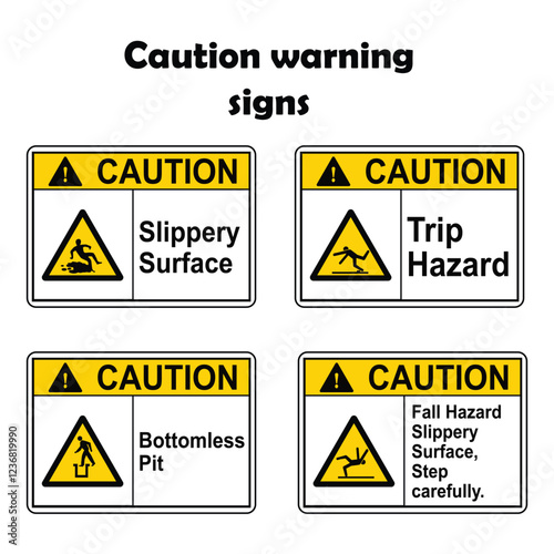 Caution Slipeery Surface, Bottomless Pit, Trip Hazard, Fall Hazard Sign Illustration Vol 01