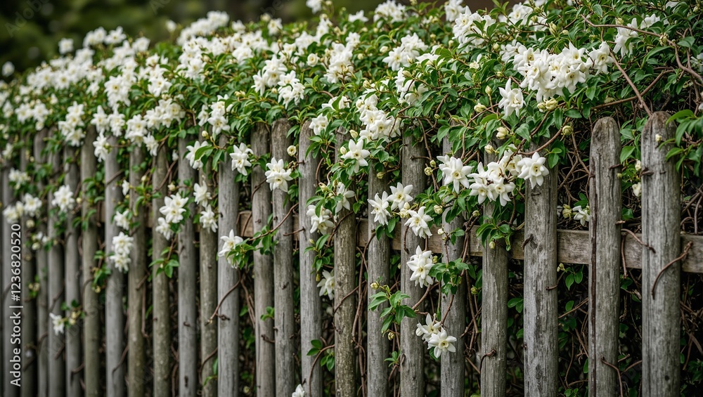 Rustic wooden fence with jasmine vines and white flowers Rustic wooden fence with jasmine vines and white flowers