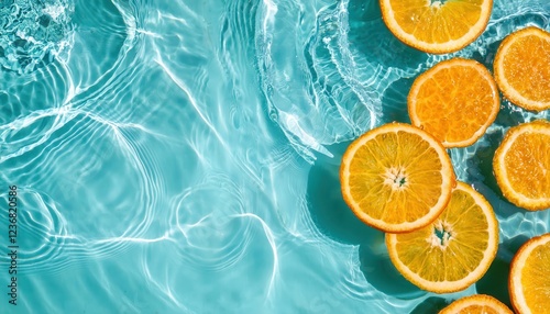 fresh orange slices floating on turquoise water with sunlight reflections, ideal for summer, wellness, and tropical designs © Arthur