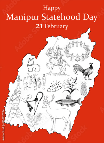 A vibrant graphic celebrating Manipur Statehood Day. The illustration features a stylised map of Manipur filled with icons representing the state's identity. photo