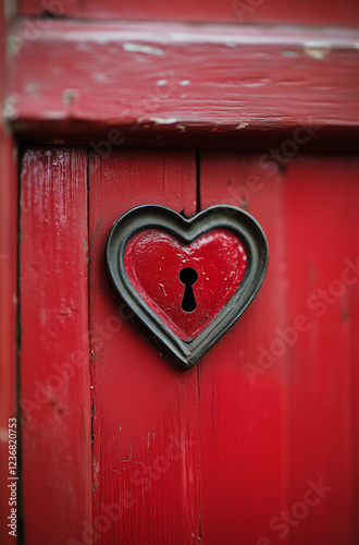 The heart-shaped keyhole on the red door symbolizes open love and possibilities.Minimal creative Valentine's holiday concept.Copy space,flat lay 