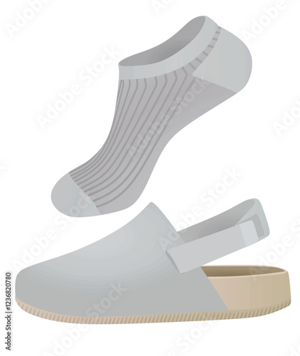 Grey clogs shoes and socks. vector illustration