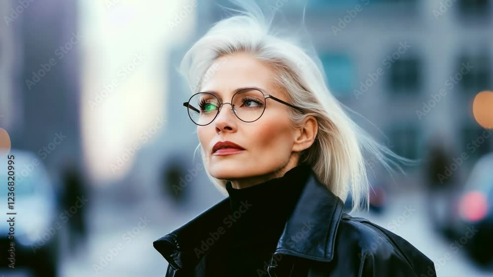A sophisticated senior woman with silver hair and glasses, dressed in a black leather jacket, standing confidently in an urban setting, embodying timeless style and elegance.
