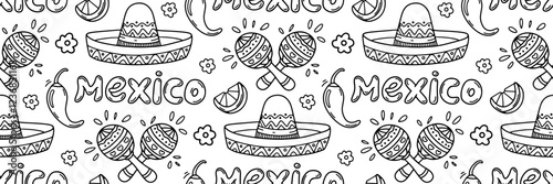 Mexico doodle pattern. Cinco de mayo celebration background. musical instruments maracas, sombrero hat and chili pepper. For wallpaper or fabric. Hand drawn Vector outline illustration.