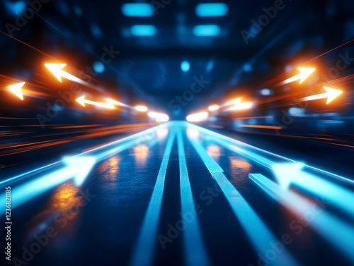 Dynamic asphal road traffic urban environment motion blur photography night viewpoint concept of speed and direction photo