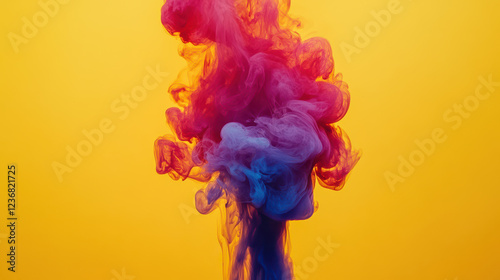 Vibrant smoke swirls in shades of pink and blue against bright yellow background, creating dynamic and artistic visual effect