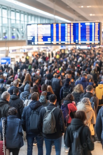 Stranded travelers navigate a crowded airport terminal amid widespread flight delays and cancellations