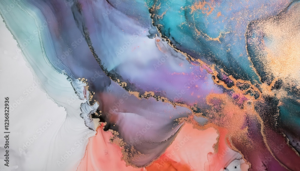 Naklejka premium ethereal alcohol ink painting with vibrant turquoise, deep purple, and fiery coral hues blending seamlessly with metallic gold accents