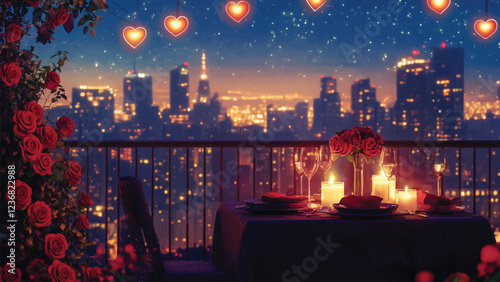 Flat illustration of a romantic candlelit dinner setup on a rooftop, overlooking a glowing city skyline