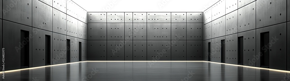 Obraz premium Abstract minimalist architecture image showcasing a long, reflective hallway with dark gray walls, evenly spaced doors, and subtle lighting. The