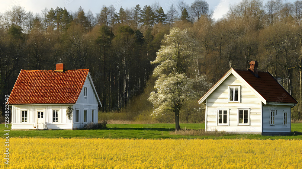 Two traditional houses with red roofs are surrounded by blooming fields and vibrant trees in spring Two traditional houses with red roofs are surrounded by blooming fields and vibrant trees in spring