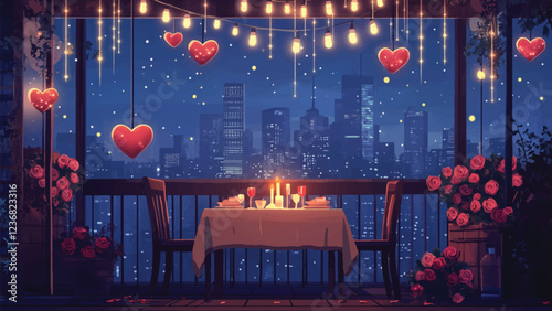Flat illustration of a romantic candlelit dinner setup on a rooftop, overlooking a glowing city skyline