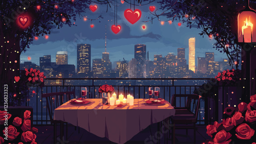 Flat illustration of a romantic candlelit dinner setup on a rooftop, overlooking a glowing city skyline