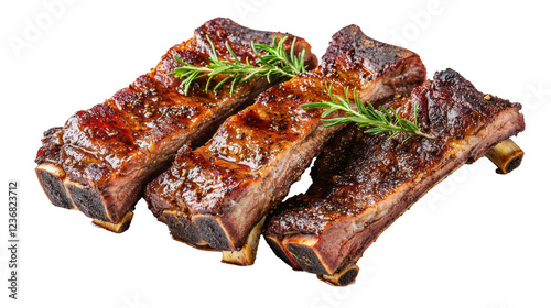 Succulent beef rib slices marinated with spices and garnished with herbs