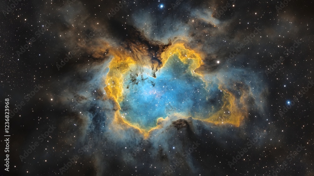 Fototapeta premium Captivating cosmic phenomenon of a glowing swirling nebula in the vast mysterious universe Vibrant colors luminous plasma