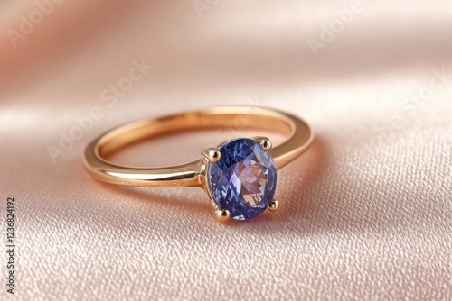 Exquisite tanzanite engagement ring resting gracefully on a soft surface, showcasing its captivating deep blue hues and elegant design