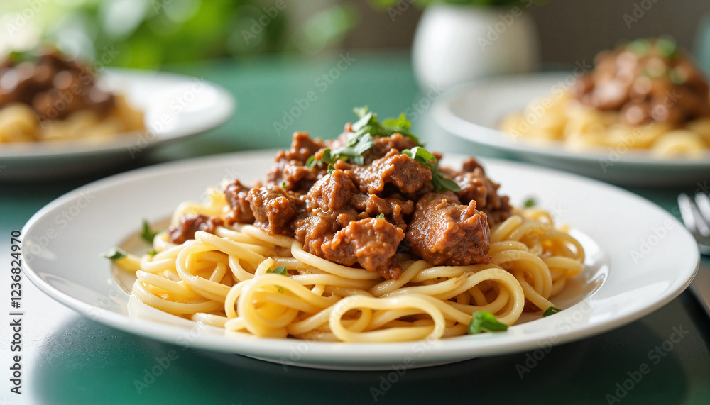 Classic Spaghetti with Rich Meat Sauce and Fresh Herbs on a White Plate Classic Spaghetti with Rich Meat Sauce and Fresh Herbs on a White Plate