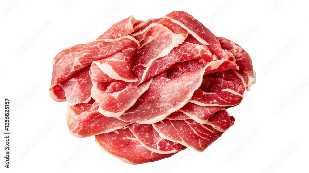 Obraz premium Fresh beef slices layered neatly, showcasing bright red color and texture