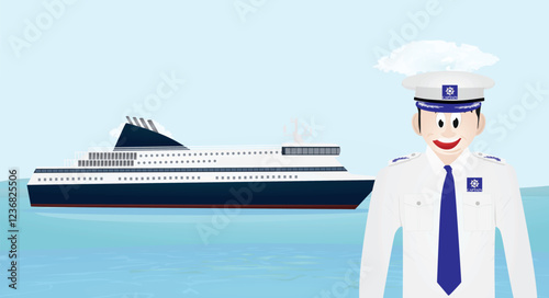 Captain of a boat in front of boat. vector