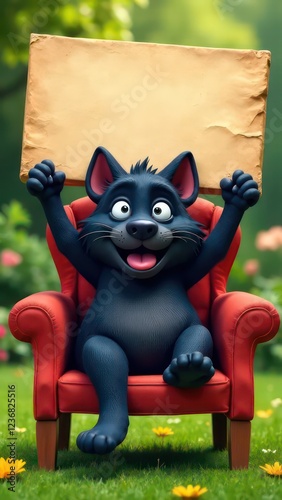 create a humorous image of a happy dog, slumped in a chair, holding up an empty sign, colorful letters. The cat is clearly exhausted. The background is a garden, Perfect composition, highly detailed -