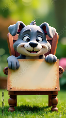 create a humorous image of a happy dog, slumped in a chair, holding up an empty sign, colorful letters. The cat is clearly exhausted. The background is a garden, Perfect composition, highly detailed -