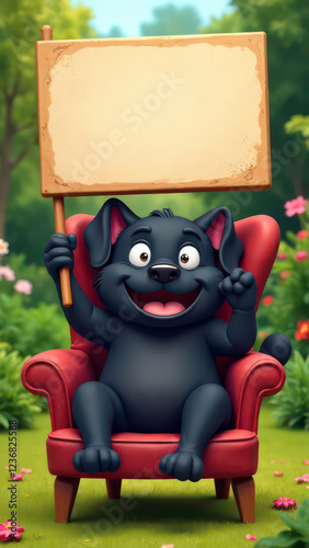 create a humorous image of a happy dog, slumped in a chair, holding up an empty sign, colorful letters. The cat is clearly exhausted. The background is a garden, Perfect composition, highly detailed -