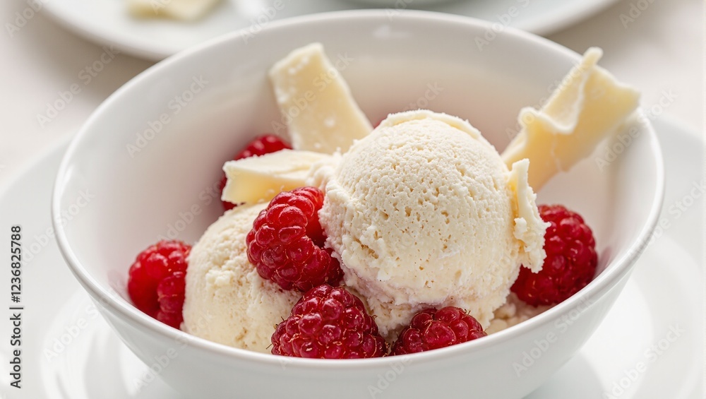 Delicious white chocolate ice cream with raspberries and chocolate shards Delicious white chocolate ice cream with raspberries and chocolate shards