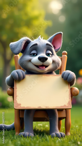 create a humorous image of a happy dog, slumped in a chair, holding up an empty sign, colorful letters. The cat is clearly exhausted. The background is a garden, Perfect composition, highly detailed -