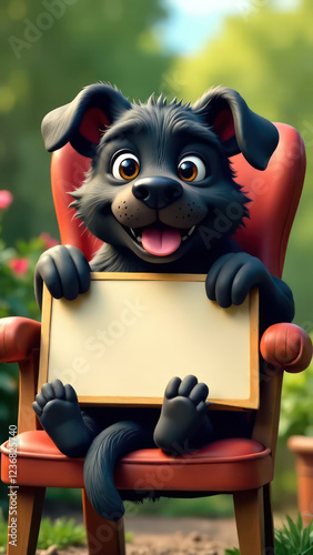 create a humorous image of a happy dog, slumped in a chair, holding up an empty sign, colorful letters. The cat is clearly exhausted. The background is a garden, Perfect composition, highly detailed -