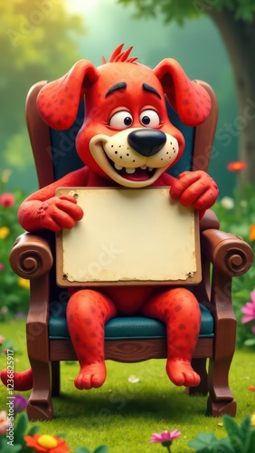 create a humorous image of a happy dog, slumped in a chair, holding up an empty sign, colorful letters. The cat is clearly exhausted. The background is a garden, Perfect composition, highly detailed -