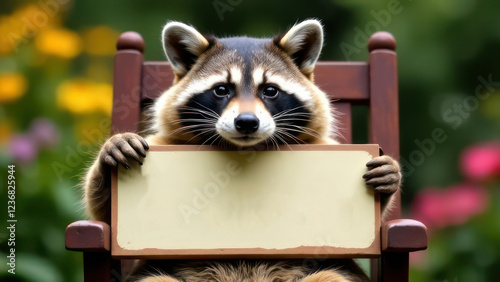 create a humorous image of a happy raccoon, slumped in a chair, holding up an empty sign, colorful letters. The cat is clearly exhausted. The background is a garden