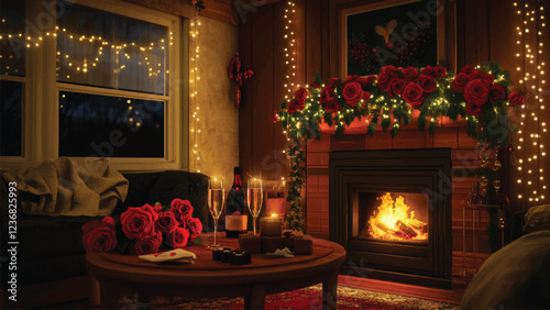 A cozy living room with a fireplace, decorated with red roses, fairy lights, and a table for two with champagne and chocolates --v 6.1 --ar 16:9