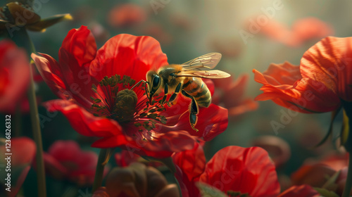 Honey bee and beautiful red flower up close with a macro lens, spring summer season