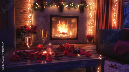 A cozy living room with a fireplace, decorated with red roses, fairy lights, and a table for two with champagne and chocolates --v 6.1 --ar 16:9