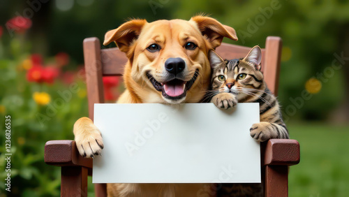 create a humorous image of a happy cat and dog, slumped in a chair, holding up an empty sign, colorful letters. The cat is clearly exhausted. The background is a garden