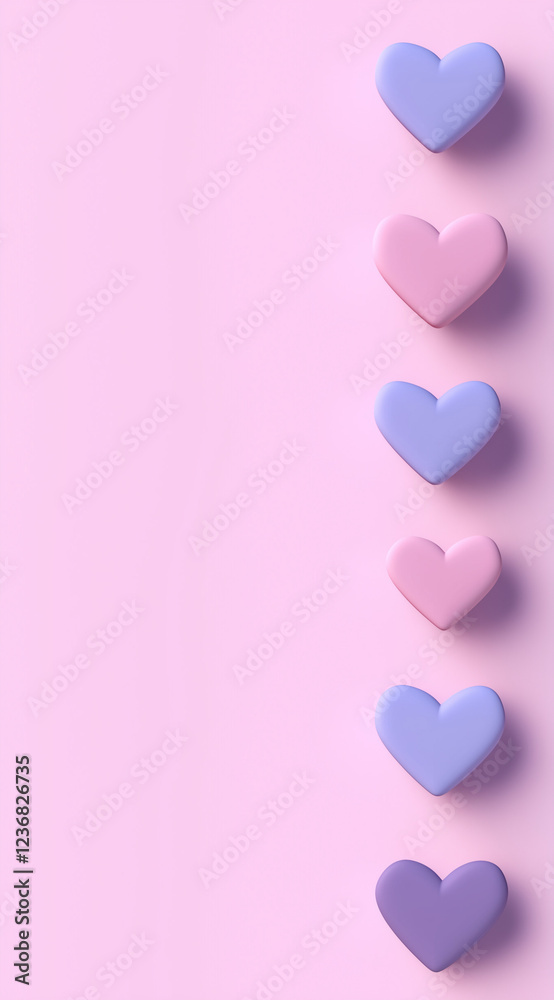A pink and purple gradient, 3D simple flat illustration with hearts in a row.Minimal creative Valentine's holiday concept.Copy space,flat lay A pink and purple gradient, 3D simple flat illustration with hearts in a row.Minimal creative Valentine's holiday concept.Copy space,flat lay