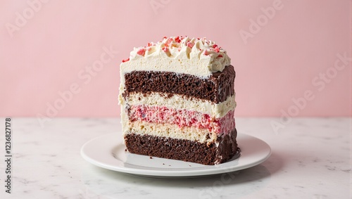 Delicious triple layered ice cream cake with chocolate strawberry and vanilla layers topped with frosting