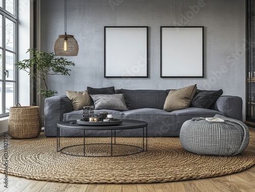 Wallpaper Mural Modern living room interior design with gray sofa, round jute rug, and two empty picture frames on a textured wall. Neutral tones and natural Torontodigital.ca